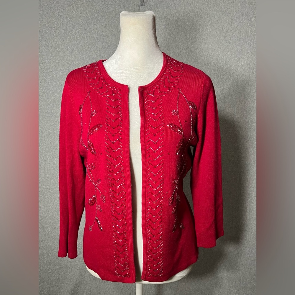 Holiday Beaded Sweater Cardigan Red Sz M 6 8 Sparkle Christmas Hostess Holiday - Picture 2 of 10